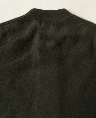 Olive knit cardigan back with high ribbed collar and smooth knit body