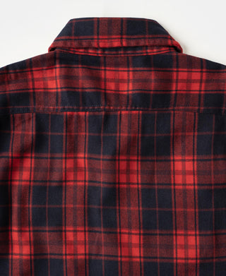 Red and dark navy plaid shirt back yoke with center seam and collar edge