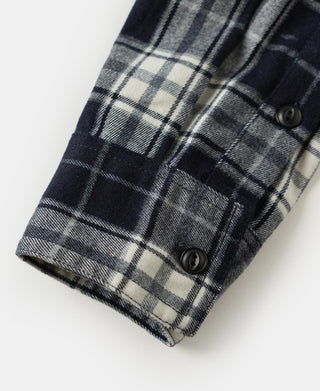 Blue check work shirt sleeve cuff with two buttons and stitched placket