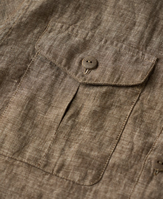 pocket detail of Yarn-dyed Linen Camp-Collar Shirt - Coffee