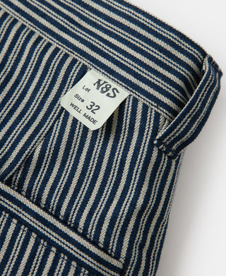 Striped trousers interior label at hem, size 32 and V&S, blue pinstripes.