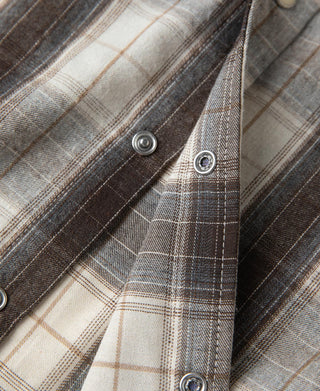 Western plaid shirt close-up of snap/metal buttons and pocket stitching details.