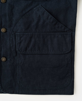 Navy jacket front flap pocket with metal button on placket