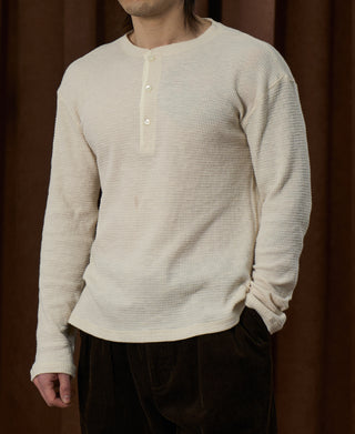 Honeycomb Waffle Knit Henley Long Sleeve T-Shirt - Oatmeal
