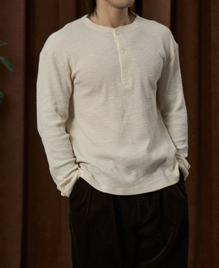 Honeycomb Waffle Knit Henley Long Sleeve T-Shirt - Oatmeal