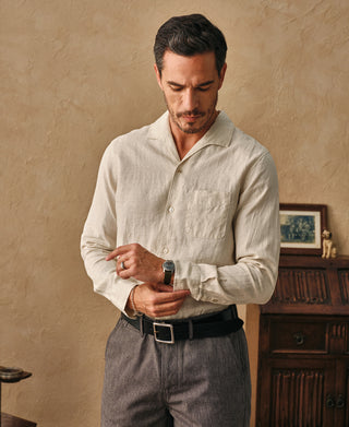 1950s Italian Collar Long-Sleeve Linen Shirt - Apricot