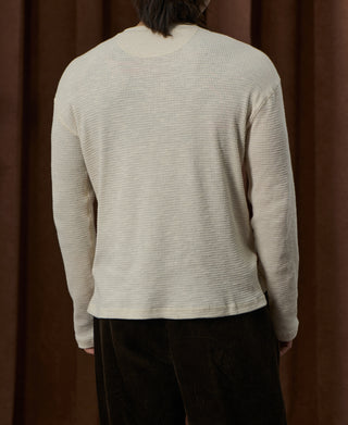 Honeycomb Waffle Knit Henley Long Sleeve T-Shirt - Oatmeal