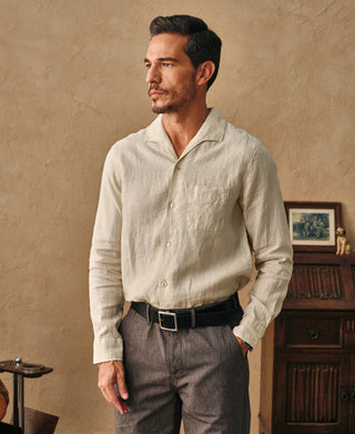 1950s Italian Collar Long-Sleeve Linen Shirt - Apricot
