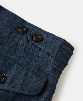 Adjuster buckle detail of Indigo Relaxed Double-Pleated Hemp-Cotton Shorts