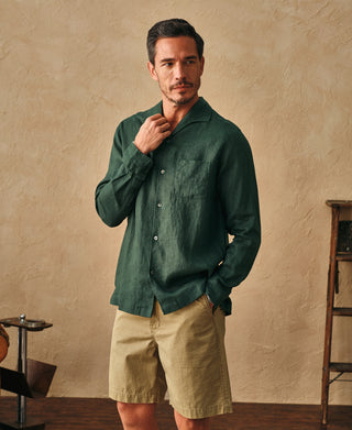1950s Italian Collar Long-Sleeve Linen Shirt - Dark Green