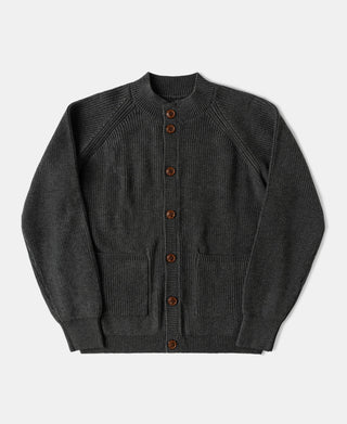 Dark Gray heavyweight wool-blend cardigan sweater with stand collar, button front, and patch pockets.
