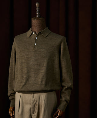 Slub Cotton Long Sleeve Knit Polo - Olive