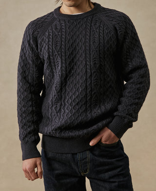 Aran Cable Knit Fisherman Sweater - Gray Blue
