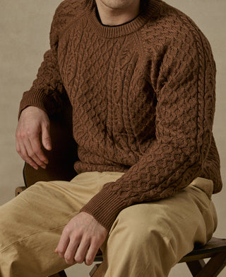 Aran Cable Knit Fisherman Sweater - Light Brown