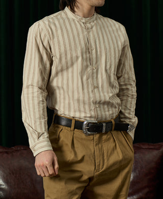 컬러 스트라이프 밴드 칼라 셔츠 - 살구색 