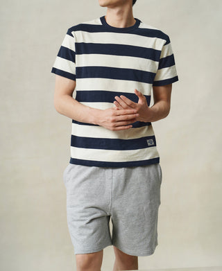 Heavyweight Cotton Wide Striped T-Shirt - Blue/Apricot