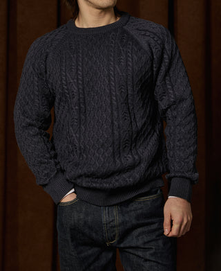 Aran Cable Knit Fisherman Sweater - Gray Blue