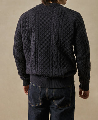 Aran Cable Knit Fisherman Sweater - Gray Blue