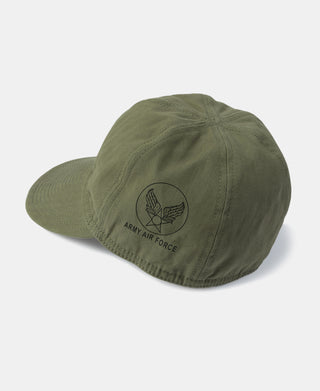Olive green A-3 flight cap with front Army Air Forces emblem, low-profile curved brim