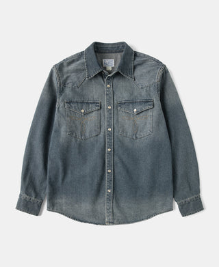 Denim western shirt front with chest pockets, yoke, and button placket