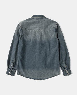 Denim western shirt back with yoke seams and long sleeves