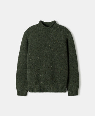 Front view of an  Dark Green pure wool fisherman sweater featuring a roll neck and classic rib knit design.