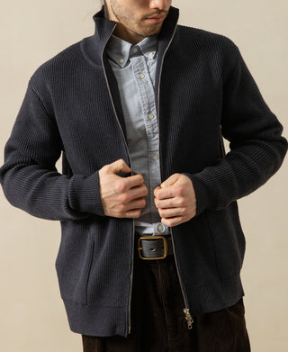Ribbed Knit Two-End Zip Wool Blend Cardigan