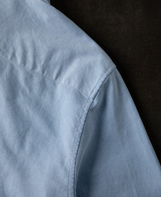 back shoulder detail of 1960s Classic Button Down Oxford Shirt in Blue