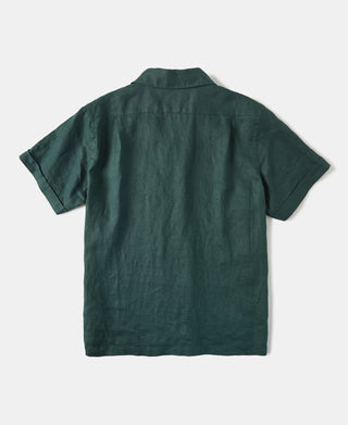 back view of 1950s Italian Collar Linen Short Sleeve Shirt - Dark Green