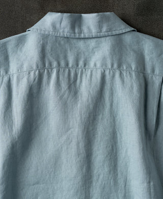 back view of 1950s Italian Collar Linen Short Sleeve Shirt - Light Blue