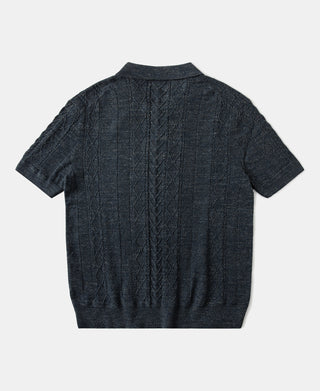 back view of Jacquard Melange Yarn Polo Shirt in Navy