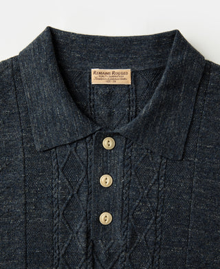button closure view of Jacquard Melange Yarn Polo Shirt in Navy