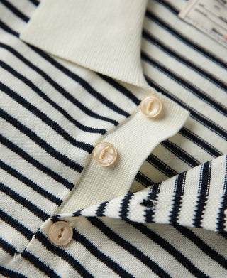 button detail of Nautical Fine Stripe Cotton Knit Polo - White Black Stripe