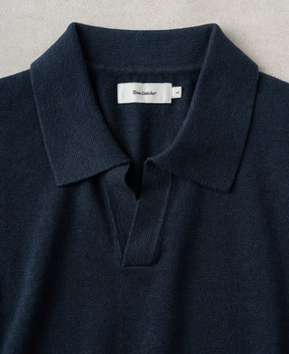 Collar Detail of Linen Cotton Blend Knit Johnny Collar Polo