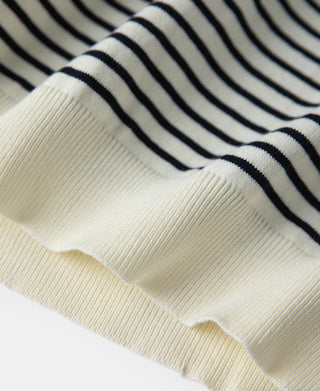 hem detail of Nautical Fine Stripe Cotton Knit Polo - White Black Stripe