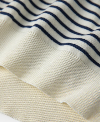 hem detail of Nautical Fine Stripe Cotton Knit Polo - White Blue Stripe