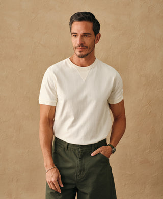 lifestyle shot of White 1950s V-Gusset Cotton T-Shirt