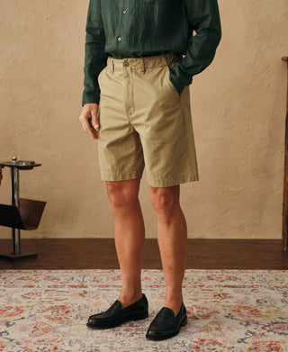 lifestyle shot of 1930s Washed Officer Chino Shorts in Khaki