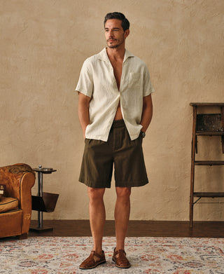 lifestyle shot of 1950s Italian Collar Linen Short Sleeve Shirt - Beige