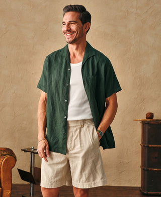 lifestyle shot of 1950s Italian Collar Linen Short Sleeve Shirt - Dark Green
