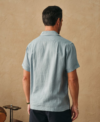 back view of 1950s Italian Collar Linen Short Sleeve Shirt - Light Blue