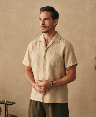 lifestyle shot of 1950s Italian Collar Linen Short Sleeve Shirt - Light Coffee