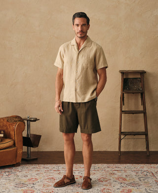 lifestyle shot of 1950s Italian Collar Linen Short Sleeve Shirt - Light Coffee