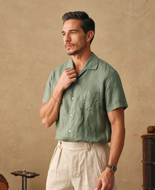 lifestyle shot of 1950s Italian Collar Linen Short Sleeve Shirt - Sage