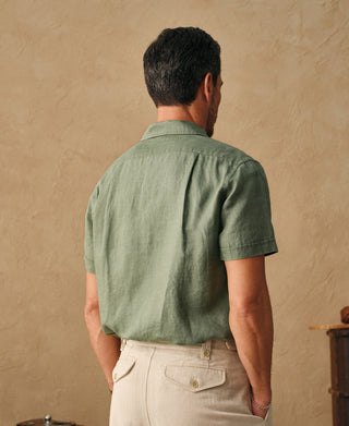 lifestyle shot of 1950s Italian Collar Linen Short Sleeve Shirt - Sage