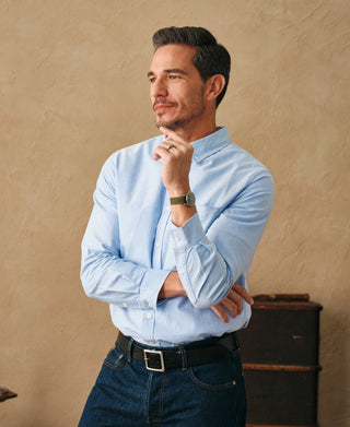 lifestyle shot of 1960s Classic Button Down Oxford Shirt in Blue