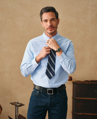 lifestyle shot of 1960s Classic Button Down Oxford Shirt in Blue