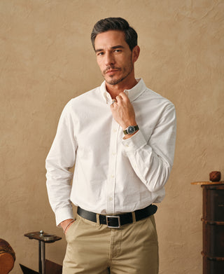 lifestyle shot of 1960s Classic Button Down Oxford Shirt - White