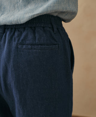 lifestyle shot of Indigo Tapered Hemp-Cotton Blend Pants