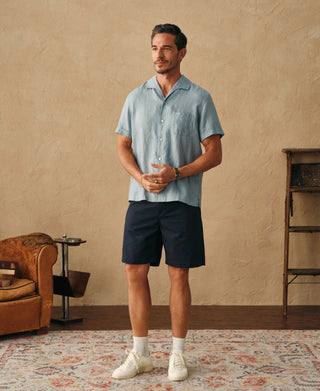 back view of 1950s Italian Collar Linen Short Sleeve Shirt - Light Blue